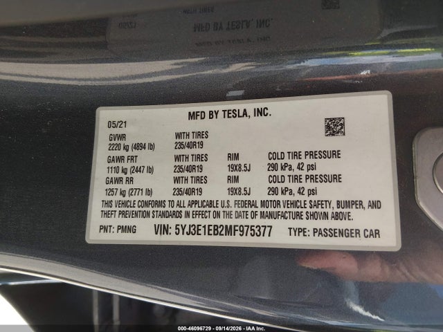 Продажа на аукционе авто 2021 Tesla Model 3 Long Range Dual Motor All-wheel Drive, vin: 5YJ3E1EB2MF975377, номер лота: 46096729