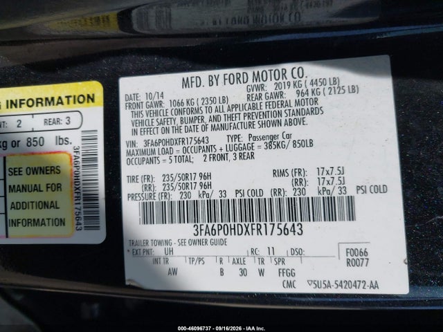 Aukcja sprzedaży 2015 Ford Fusion Se, vin: 3FA6P0HDXFR175643, numer aukcji: 46096737