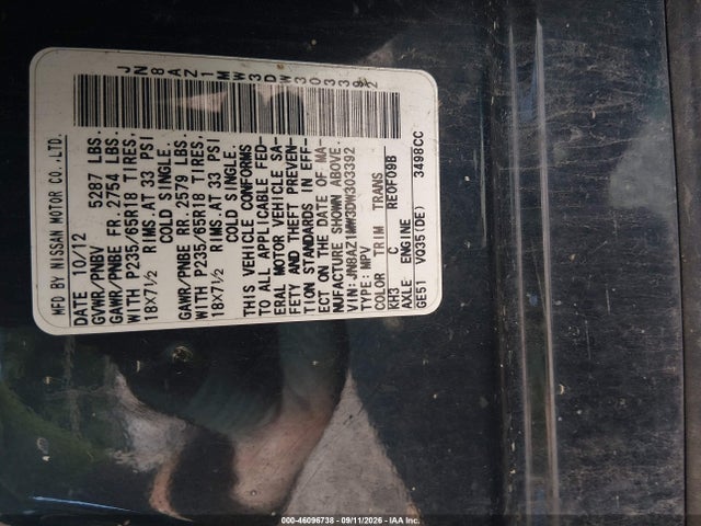 46096738 :رقم المزاد ، JN8AZ1MW3DW303392 vin ، 2013 Nissan Murano S مزاد بيع