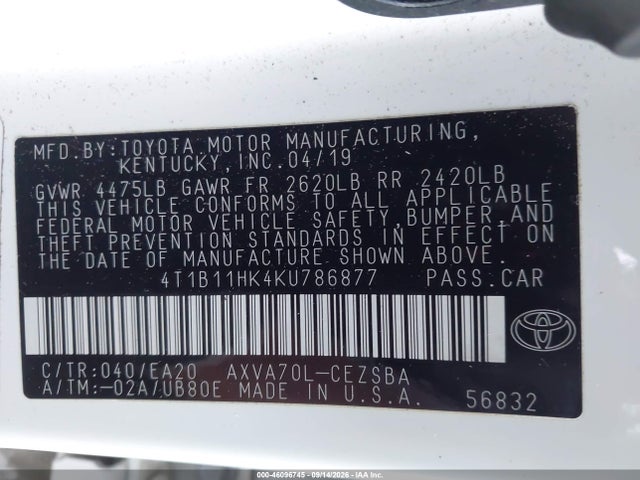46096745 :رقم المزاد ، 4T1B11HK4KU786877 vin ، 2019 Toyota Camry Se مزاد بيع