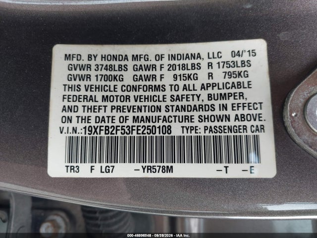 Aukcja sprzedaży 2015 Honda Civic Lx, vin: 19XFB2F53FE250108, numer aukcji: 46096748