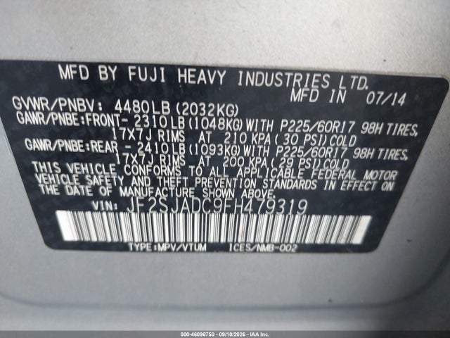 2015 Subaru Forester 2.5i Premium მანქანა იყიდება აუქციონზე, vin: JF2SJADC9FH479319, აუქციონის ნომერი: 46096750