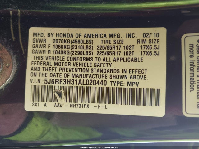 2010 Honda Cr-v Lx მანქანა იყიდება აუქციონზე, vin: 5J6RE3H31AL020440, აუქციონის ნომერი: 46096757
