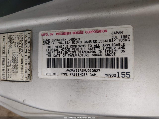 Aukcja sprzedaży 1998 Mitsubishi Mirage De, vin: JA3AY11A2WU010927, numer aukcji: 46096771