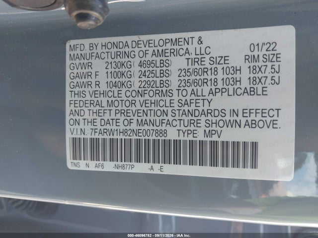 Продаж на аукціоні авто 2022 Honda Cr-v 2wd Ex-l, vin: 7FARW1H82NE007888, номер лоту: 46096782