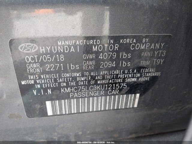 2019 Hyundai Ioniq Hybrid Sel მანქანა იყიდება აუქციონზე, vin: KMHC75LC3KU121575, აუქციონის ნომერი: 46096790