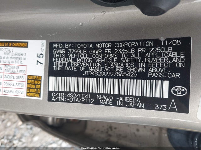 Продажа на аукционе авто 2009 Toyota Prius, vin: JTDKB20U997865426, номер лота: 46096798