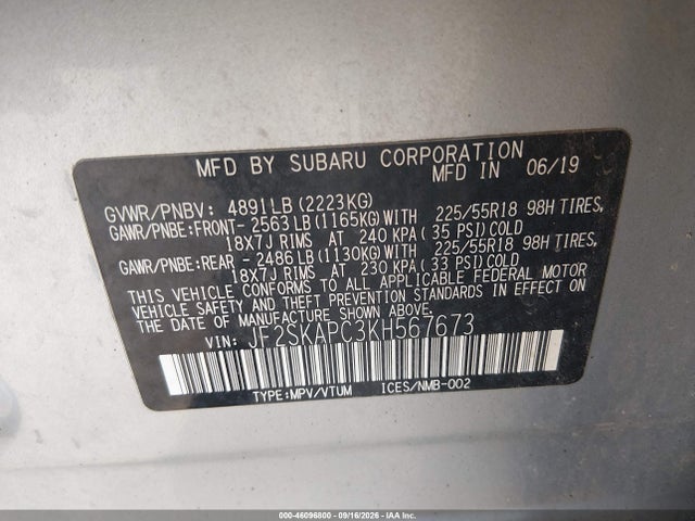 Aukcja sprzedaży 2019 Subaru Forester Sport, vin: JF2SKAPC3KH567673, numer aukcji: 46096800