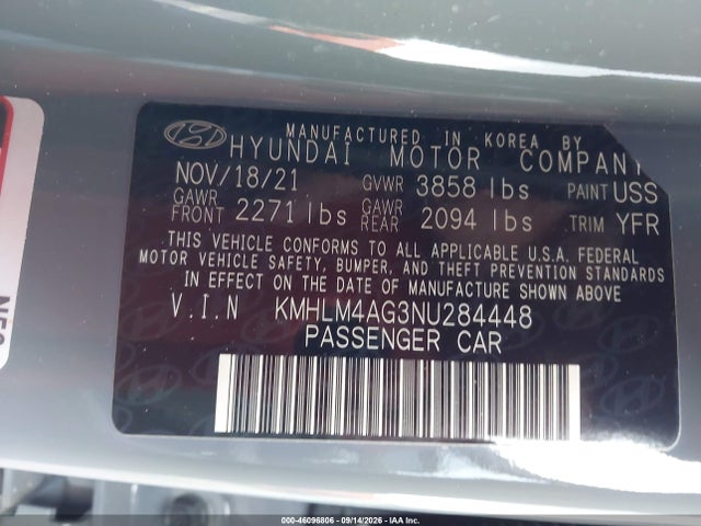 46096806 :رقم المزاد ، KMHLM4AG3NU284448 vin ، 2022 Hyundai Elantra Sel مزاد بيع