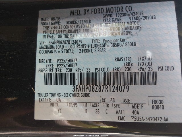 46096816 :رقم المزاد ، 3FAHP08Z87R124079 vin ، 2007 Ford Fusion Sel مزاد بيع