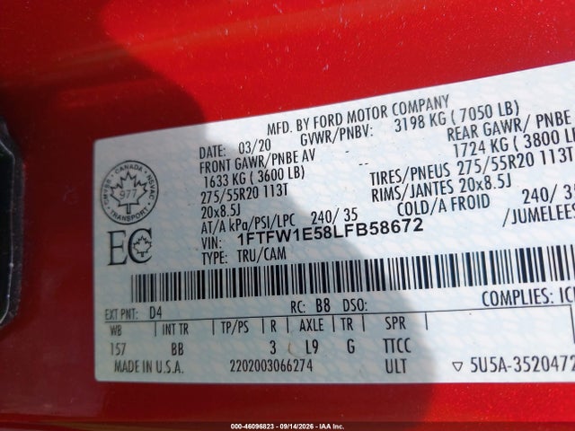 Aukcja sprzedaży 2020 Ford F-150 Platinum, vin: 1FTFW1E58LFB58672, numer aukcji: 46096823