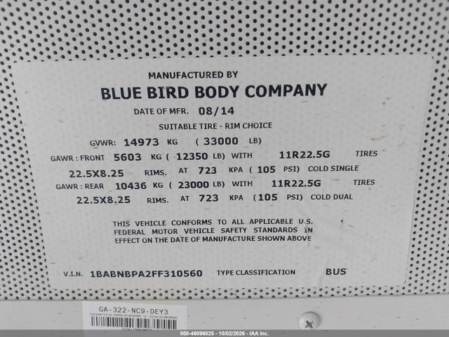 46096825 :رقم المزاد ، 1BABNBPA2FF310560 vin ، 2015 Blue Bird School Bus / Transit Bus مزاد بيع