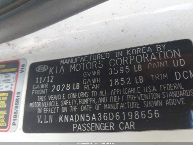 46096831 :رقم المزاد ، KNADN5A36D6198656 vin ، 2013 Kia Rio Ex مزاد بيع