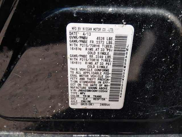 2013 Nissan Rogue S მანქანა იყიდება აუქციონზე, vin: JN8AS5MV0DW133544, აუქციონის ნომერი: 46096840