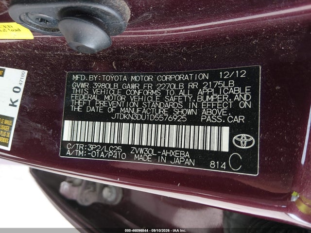46096844 :رقم المزاد ، JTDKN3DU1D5576925 vin ، 2013 Toyota Prius Three Se مزاد بيع