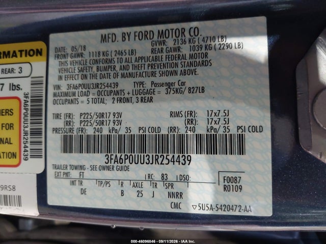 Продажа на аукционе авто 2018 Ford Fusion Hybrid S, vin: 3FA6P0UU3JR254439, номер лота: 46096846