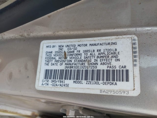 46096852 :رقم المزاد ، 1NXBR32E13Z017259 vin ، 2003 Toyota Corolla Ce مزاد بيع