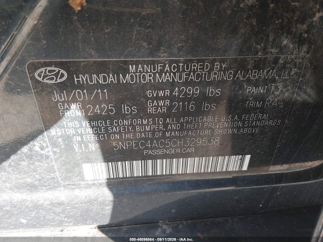 Продаж на аукціоні авто 2012 Hyundai Sonata Se, vin: 5NPEC4AC5CH329538, номер лоту: 46096864