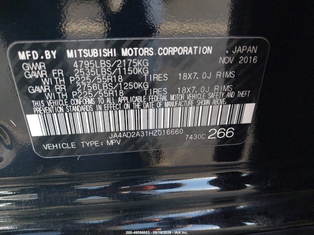 46096883 :رقم المزاد ، JA4AD2A31HZ016660 vin ، 2017 Mitsubishi Outlander Es مزاد بيع