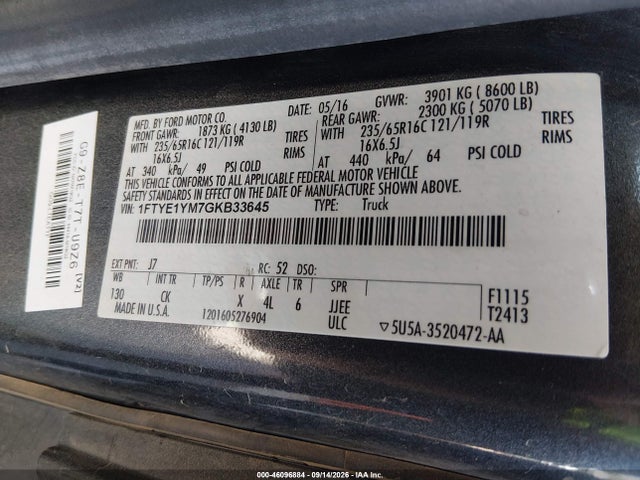 Aukcja sprzedaży 2016 Ford Transit-150, vin: 1FTYE1YM7GKB33645, numer aukcji: 46096884