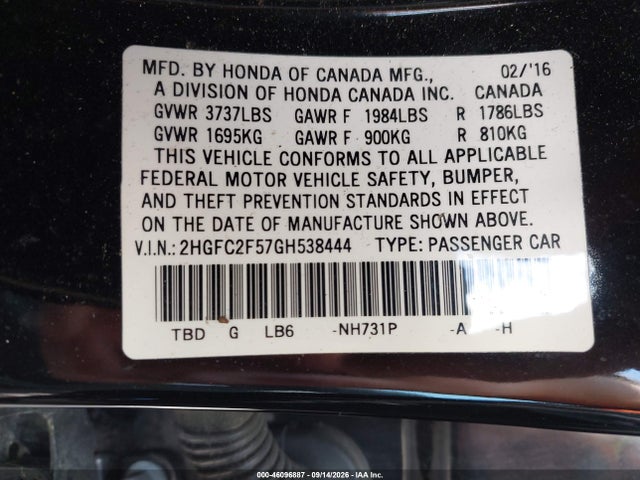 Продажа на аукционе авто 2016 Honda Civic Lx, vin: 2HGFC2F57GH538444, номер лота: 46096887