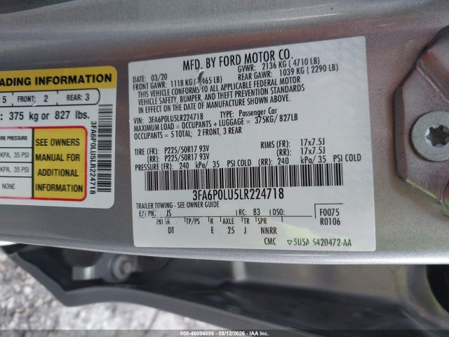 Продаж на аукціоні авто 2020 Ford Fusion Hybrid Se, vin: 3FA6P0LU5LR224718, номер лоту: 46096895
