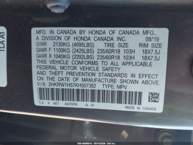 Продажа на аукционе авто 2019 Honda Cr-v Ex, vin: 2HKRW1H57KH507382, номер лота: 46096918