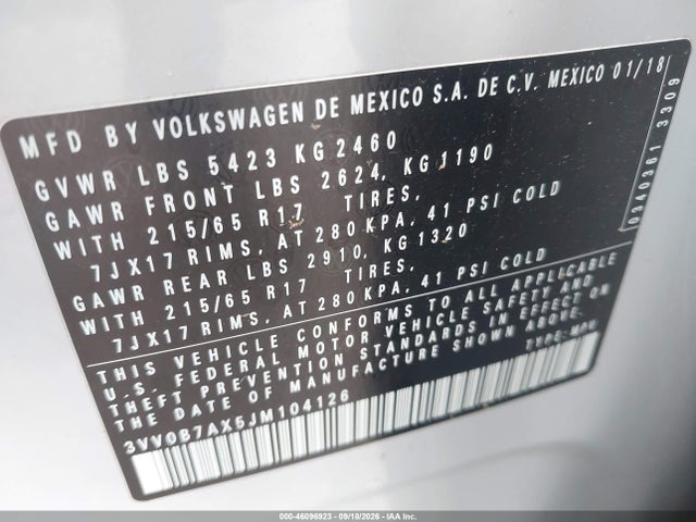 Продаж на аукціоні авто 2018 Volkswagen Tiguan 2.0t S, vin: 3VV0B7AX5JM104126, номер лоту: 46096923