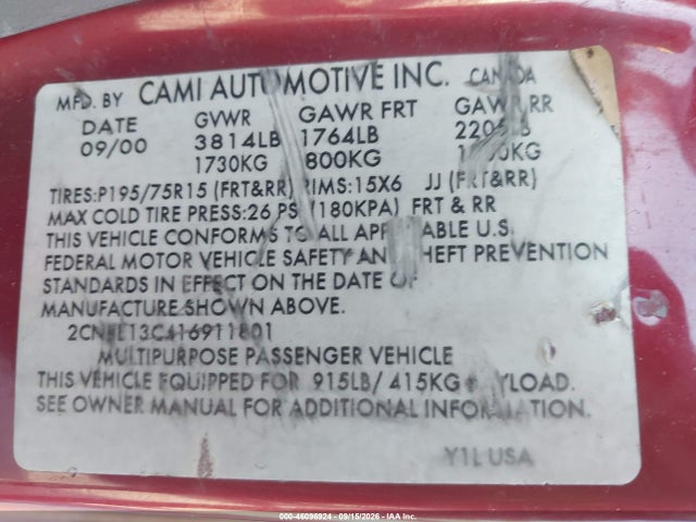 46096924 :رقم المزاد ، 2CNBE13C416911801 vin ، 2001 Chevrolet Tracker Hard Top Base مزاد بيع