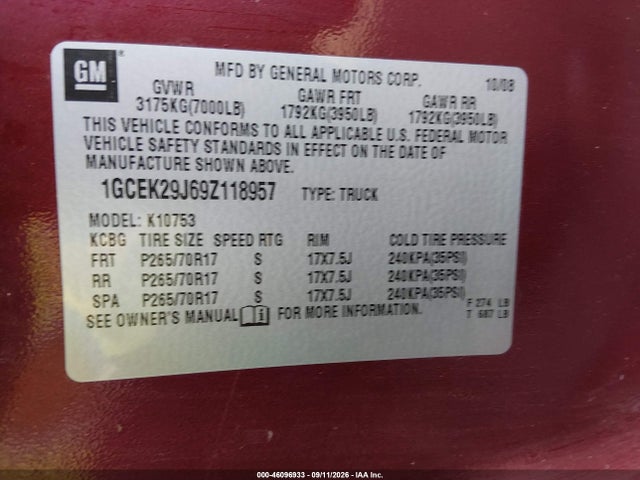 46096933 :رقم المزاد ، 1GCEK29J69Z118957 vin ، 2009 Chevrolet Silverado 1500 Lt مزاد بيع