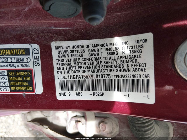 Продаж на аукціоні авто 2009 Honda Civic Lx, vin: 1HGFA155X9L010775, номер лоту: 46096956