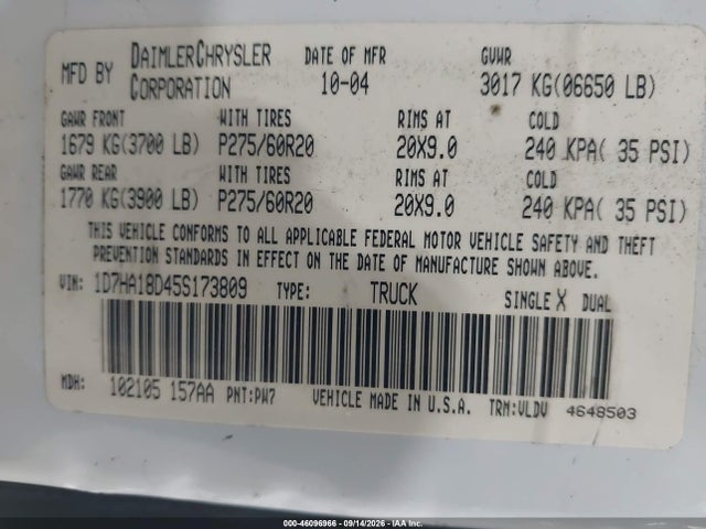 46096966 :رقم المزاد ، 1D7HA18D45S173809 vin ، 2005 Dodge Ram 1500 Slt/laramie مزاد بيع