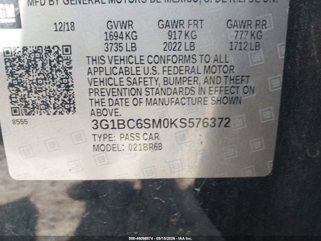 Продажа на аукционе авто 2019 Chevrolet Cruze Ls, vin: 3G1BC6SM0KS576372, номер лота: 46096974