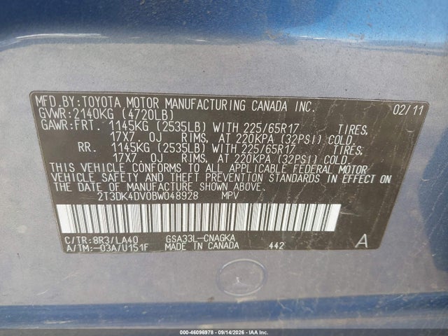 46096978 :رقم المزاد ، 2T3DK4DV0BW048928 vin ، 2011 Toyota Rav4 Limited V6 مزاد بيع