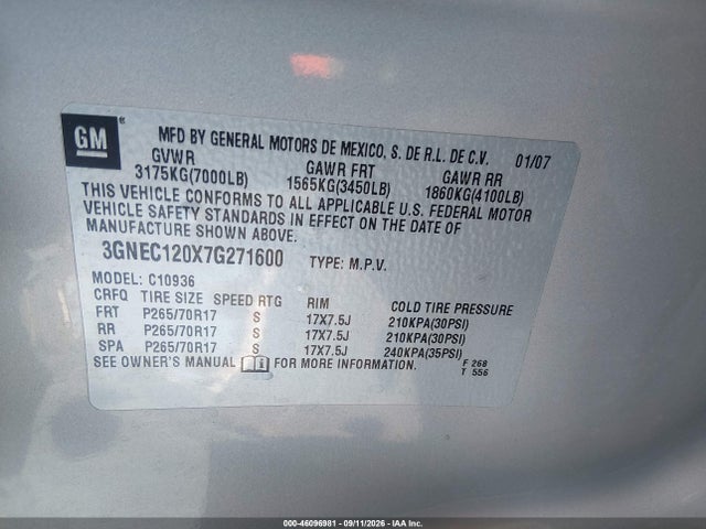2007 Chevrolet Avalanche 1500 Lt მანქანა იყიდება აუქციონზე, vin: 3GNEC120X7G271600, აუქციონის ნომერი: 46096981