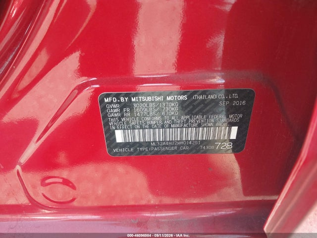 46096984 :رقم المزاد ، ML32A4HJ2HH014251 vin ، 2017 Mitsubishi Mirage Se مزاد بيع