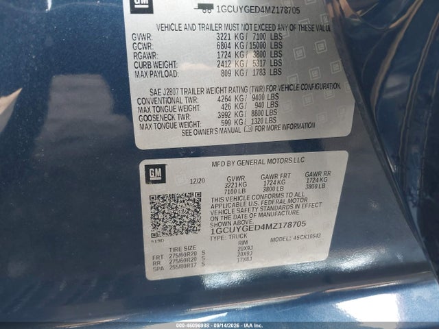 Aukcja sprzedaży 2021 Chevrolet Silverado 1500 4wd  Short Bed Ltz, vin: 1GCUYGED4MZ178705, numer aukcji: 46096988