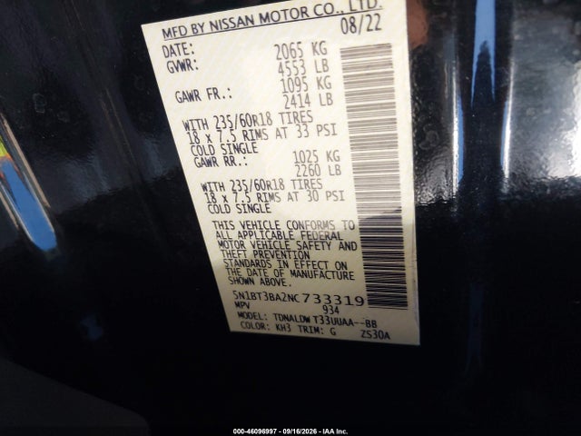 2022 Nissan Rogue Sv Fwd მანქანა იყიდება აუქციონზე, vin: 5N1BT3BA2NC733319, აუქციონის ნომერი: 46096997