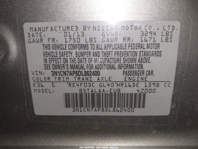 46097000 :رقم المزاد ، 3N1CN7AP8DL862400 vin ، 2013 Nissan Versa 1.6 S مزاد بيع