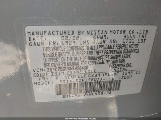 Продажа на аукционе авто 2022 Nissan Kicks Sv Xtronic Cvt, vin: 3N1CP5CV4NL498438, номер лота: 46097020