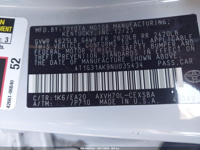Продажа на аукционе авто 2022 Toyota Camry Se Hybrid, vin: 4T1G31AK9NU035434, номер лота: 46097021