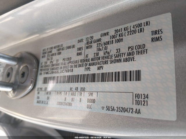 46097028 :رقم المزاد ، 1FMCU9H68LUC76918 vin ، 2020 Ford Escape Sel مزاد بيع