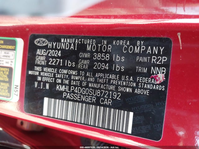 46097029 :رقم المزاد ، KMHLP4DG0SU872192 vin ، 2025 Hyundai Elantra Limited مزاد بيع