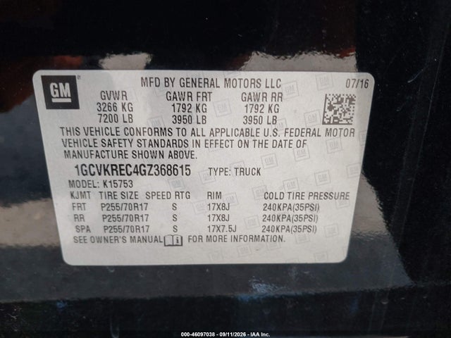 Aukcja sprzedaży 2016 Chevrolet Silverado 1500 1lt, vin: 1GCVKREC4GZ368615, numer aukcji: 46097038