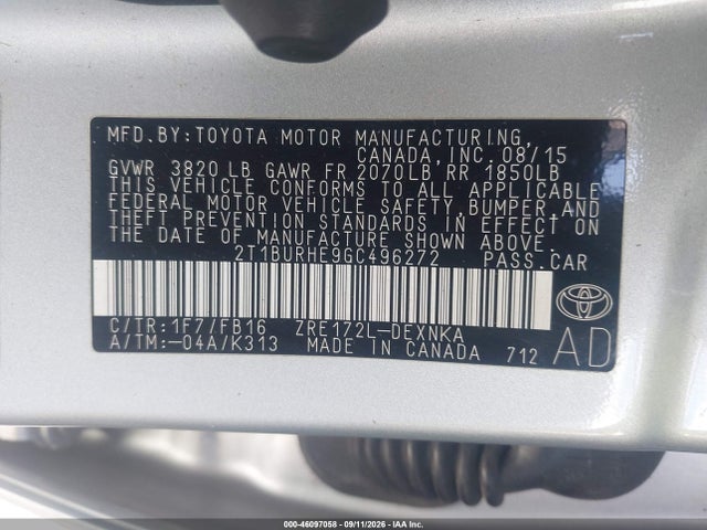 2016 Toyota Corolla Le მანქანა იყიდება აუქციონზე, vin: 2T1BURHE9GC496272, აუქციონის ნომერი: 46097058