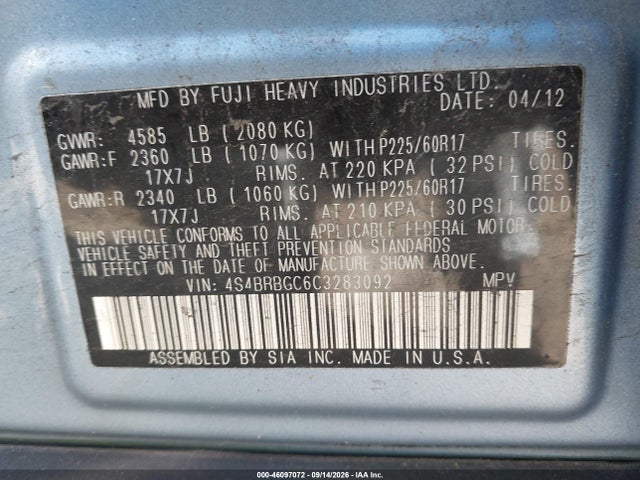Aukcja sprzedaży 2012 Subaru Outback 2.5i Premium, vin: 4S4BRBGC6C3283092, numer aukcji: 46097072