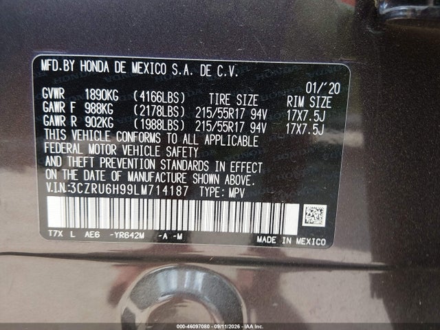 Продаж на аукціоні авто 2020 Honda Hr-v Awd Touring, vin: 3CZRU6H99LM714187, номер лоту: 46097080