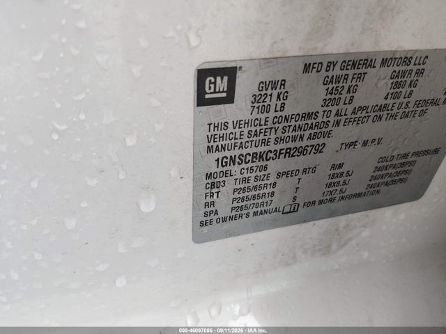 Продаж на аукціоні авто 2015 Chevrolet Tahoe Lt, vin: 1GNSCBKC3FR296792, номер лоту: 46097086