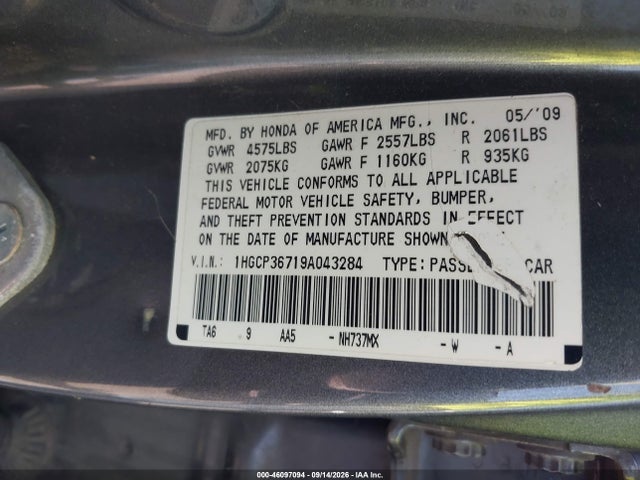 Aukcja sprzedaży 2009 Honda Accord 3.5 Ex, vin: 1HGCP36719A043284, numer aukcji: 46097094