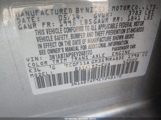 Продажа на аукционе авто 2014 Nissan Sentra Fe+ S/fe+ Sv/s/sl/sr/sv, vin: 3N1AB7AP9EY248170, номер лота: 46097096